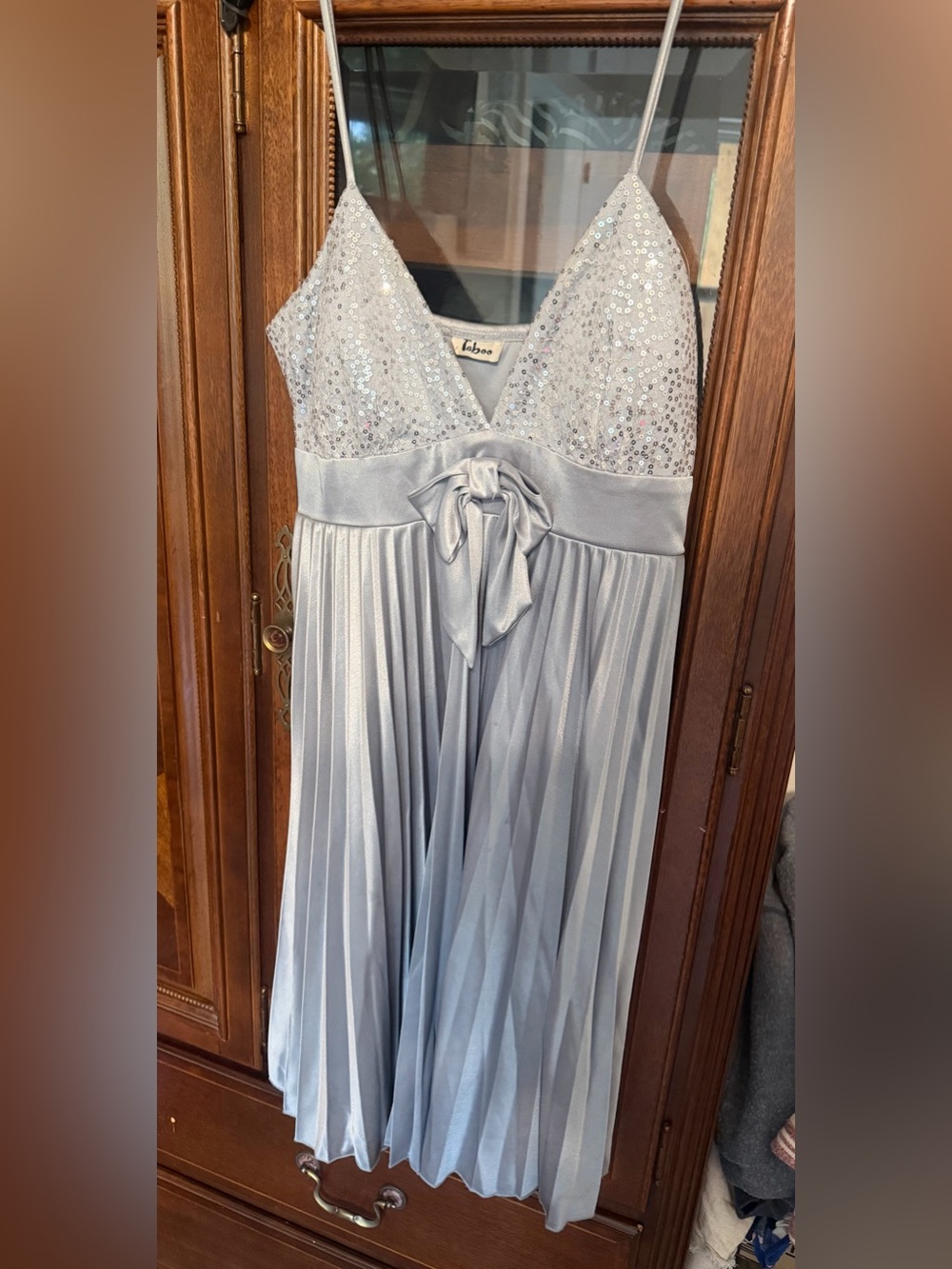 Taboo Silver Sequin Bodice Pleated Prom Dress with Bow